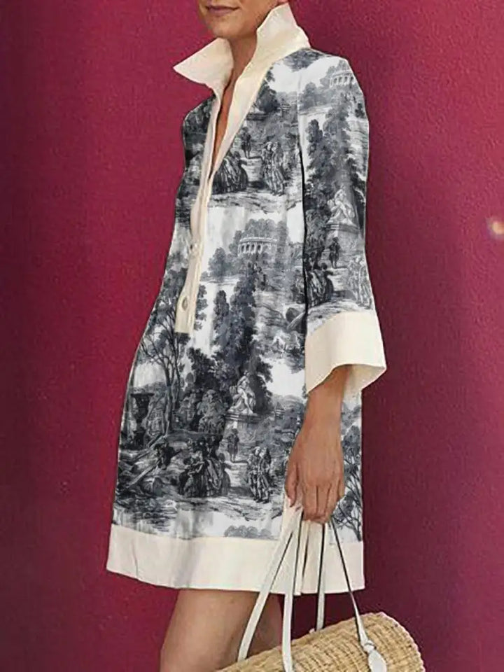 Elegant women's toile print mini tunic dress, great for summer parties, vacation, or daily fashion.