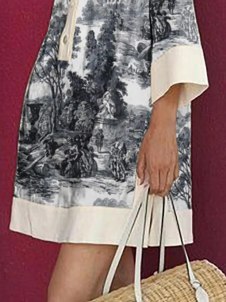 Women's vintage toile print mini tunic dress. Chic summer style, relaxed fit, for elegant casual fashion.