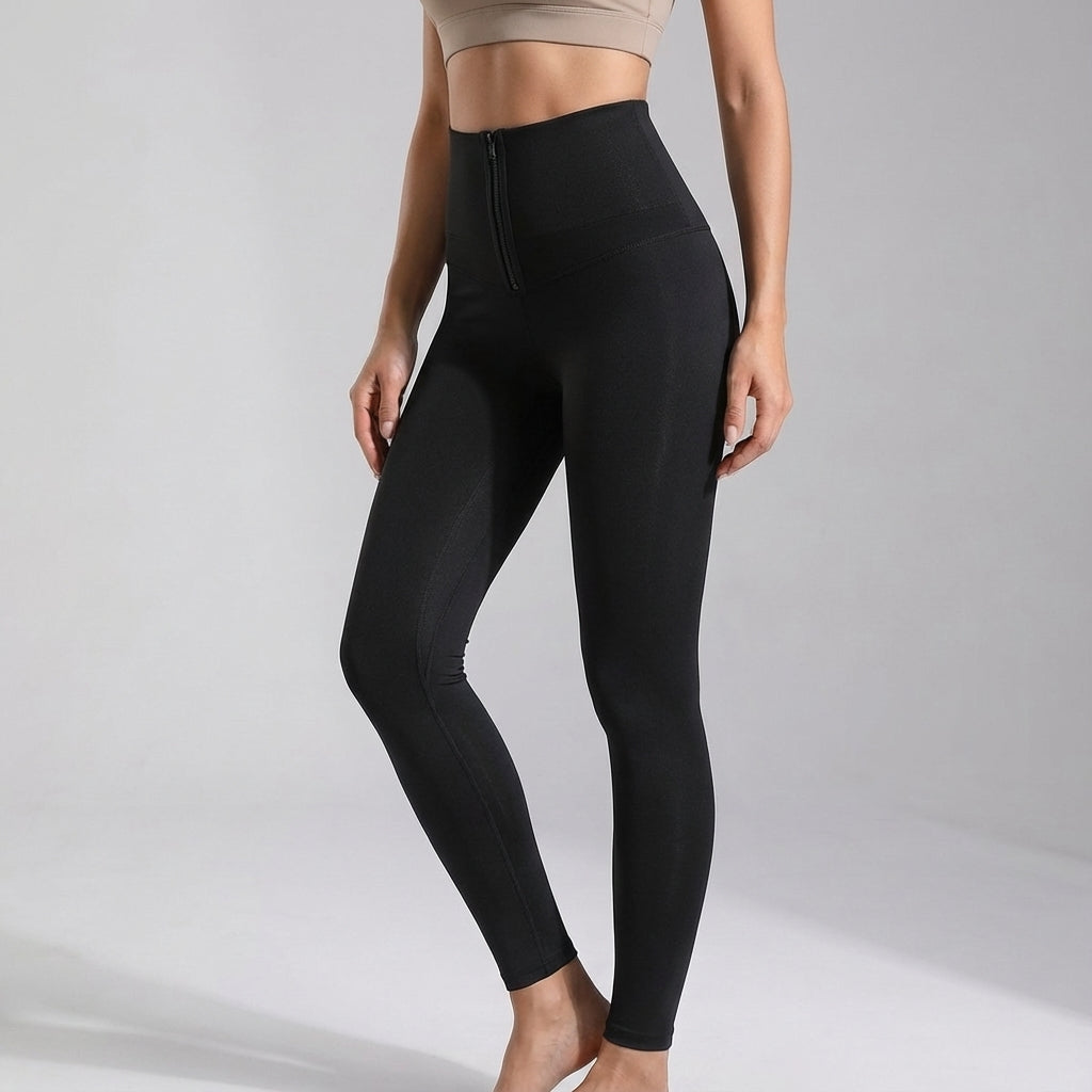Pair of Vivian women's high-waisted workout leggings folded neatly, emphasizing stretch and support features