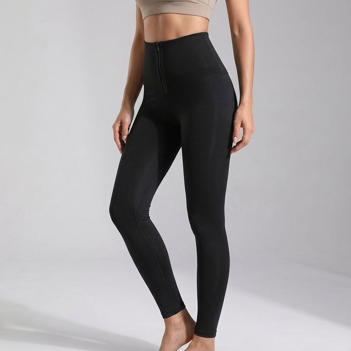 Pair of Vivian women's high-waisted workout leggings folded neatly, emphasizing stretch and support features
