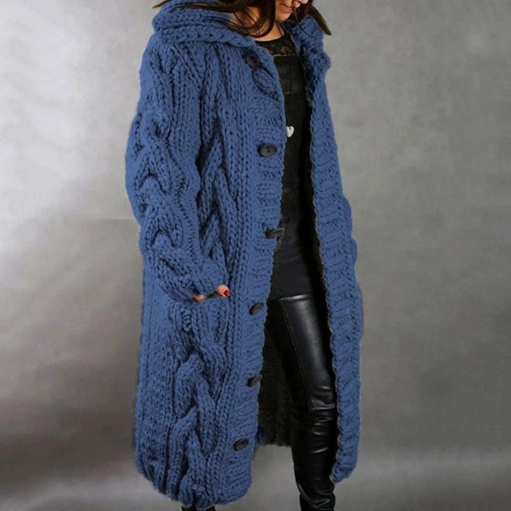 Women's warm cable knit maxi cardigan in a cozy, elegant design. Perfect for winter fashion & stylish layering.