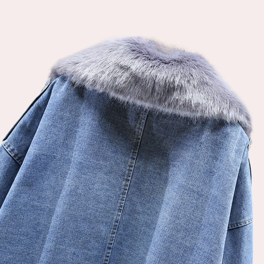 Mira women's denim winter jacket. Fashionable outerwear for cold weather. Stylish casual wear for women.