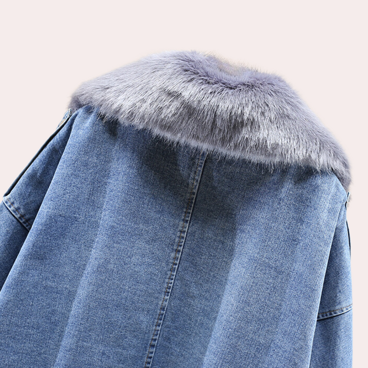 Mira women's denim winter jacket. Fashionable outerwear for cold weather. Stylish casual wear for women.