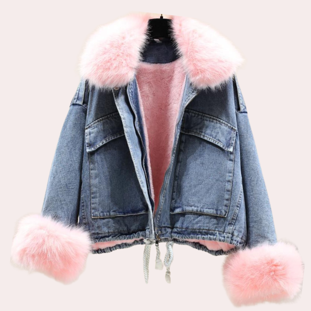Cozy women's denim winter jacket, ideal warm outerwear for severe cold weather and stylish comfort.