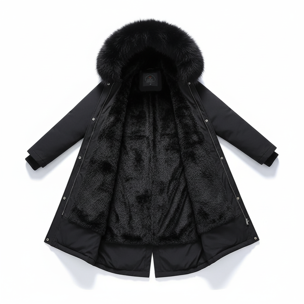 Stylish women's winter parka coat, fleece interior, hood, and front pockets