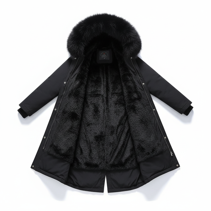 Stylish women's winter parka coat, fleece interior, hood, and front pockets