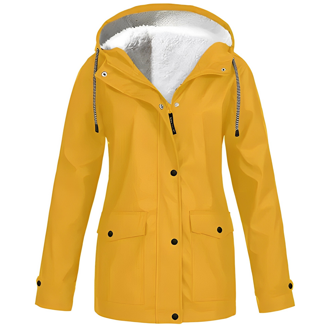 Women's warm fleece lined waterproof rain jacket for winter outdoor activities.