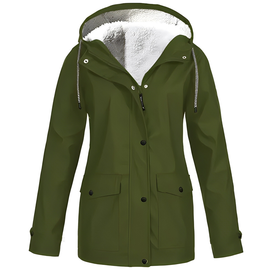 Women's durable waterproof rain jacket, warm fleece lining, ideal for cold weather.
