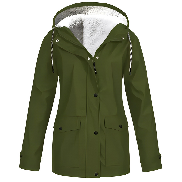 Women's durable waterproof rain jacket, warm fleece lining, ideal for cold weather.