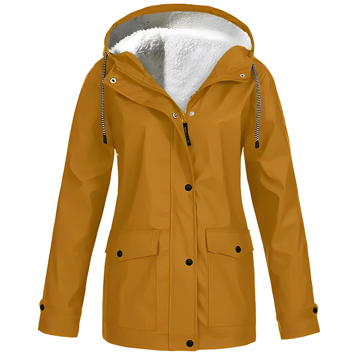 Warm fleece lined women's waterproof rain jacket, a comfortable and protective winter coat.
