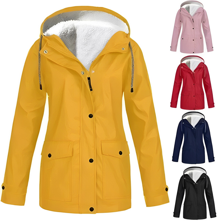 Stay dry and warm in this women's fleece lined waterproof rain jacket, premium outdoor gear.