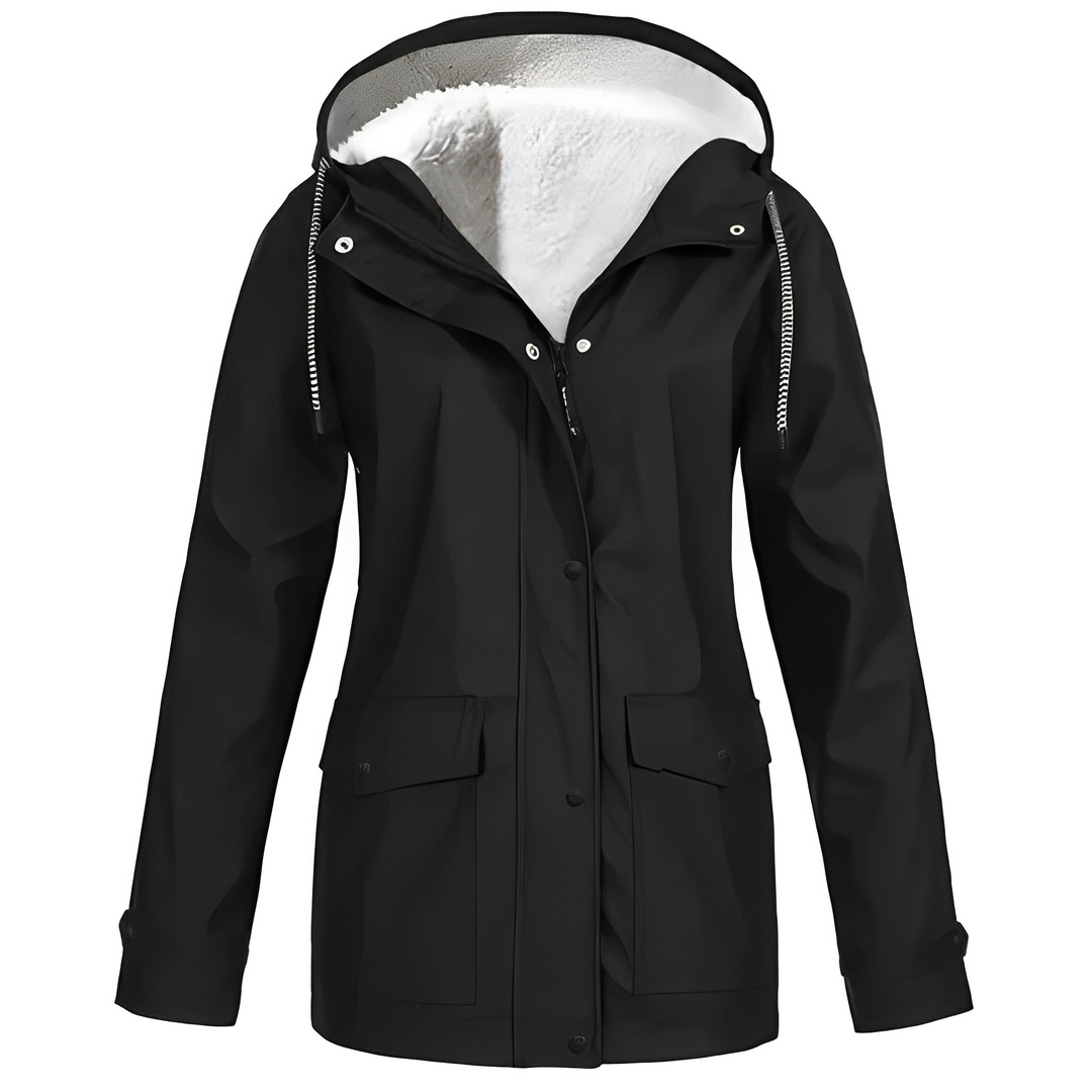 Ladies waterproof rain jacket, warm fleece lined for all-weather outdoor gear.