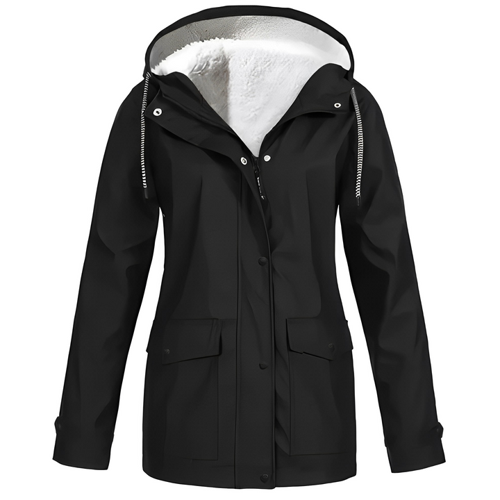 Ladies waterproof rain jacket, warm fleece lined for all-weather outdoor gear.