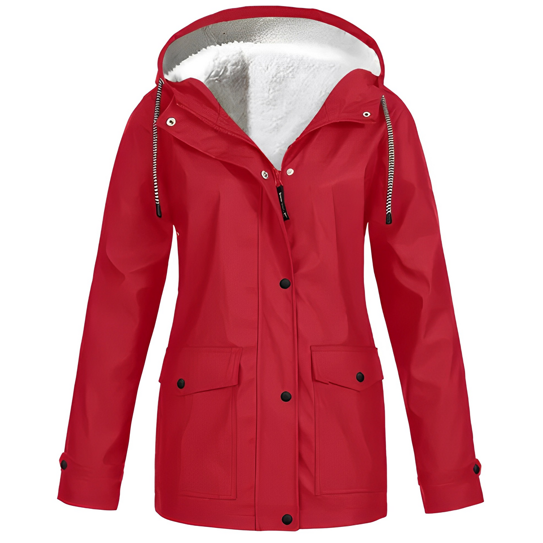 Women's cozy fleece lined waterproof rain jacket, perfect for cold weather protection.
