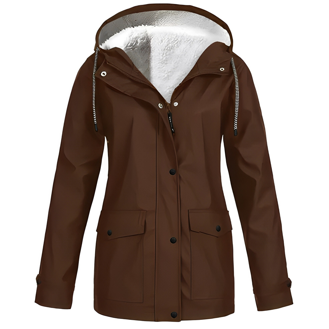 Soft fleece lined women's waterproof rain jacket, durable and functional outerwear.