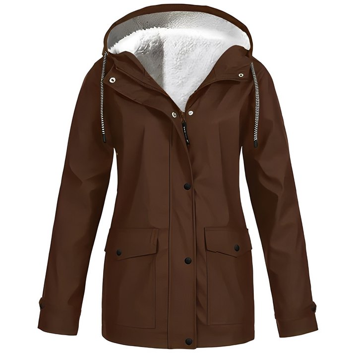 Soft fleece lined women's waterproof rain jacket, durable and functional outerwear.