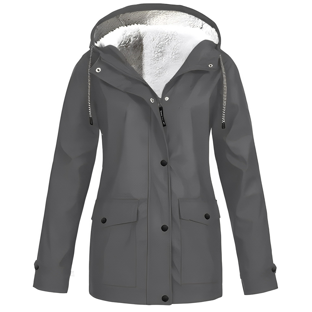Winter women's waterproof rain jacket with warm fleece lining, an outdoor essential.
