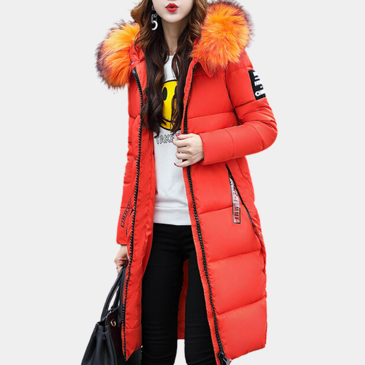Durable women's warm hooded puffer jacket, essential for harsh winter weather.