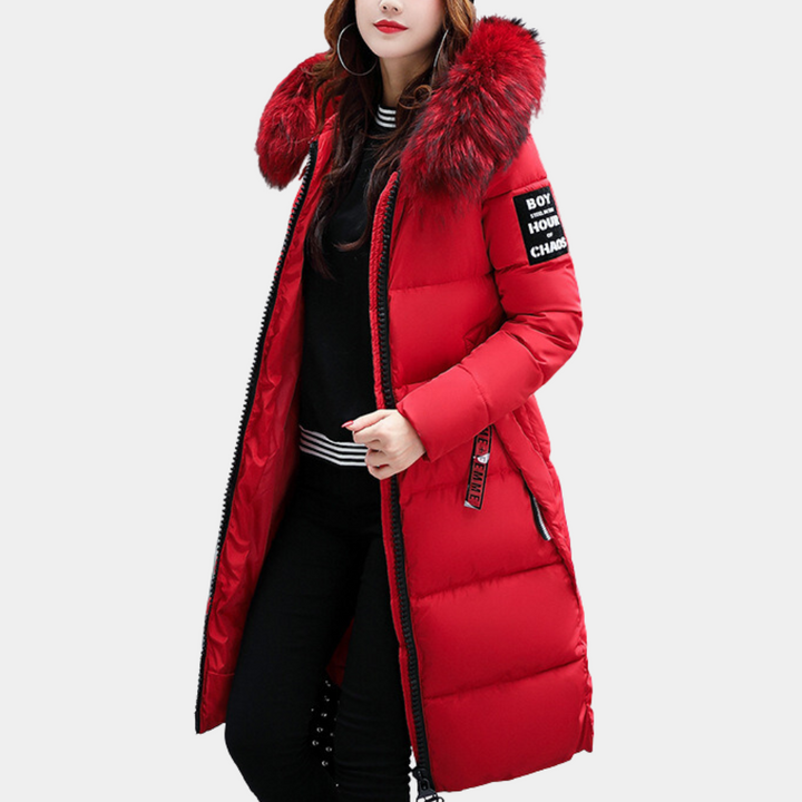 Modern women's hooded puffer jacket, combining warmth, insulation & chic winter style.