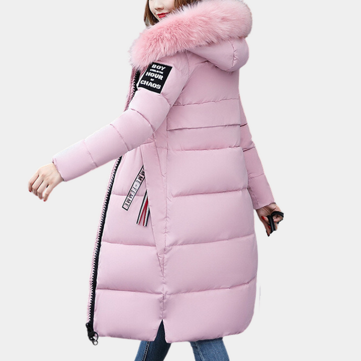 Women's hooded puffer jacket with faux fur, ultimate winter warmth & stylish design.