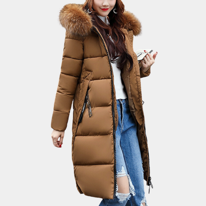 Cozy women's insulated hooded puffer jacket, a warm winter outerwear staple.