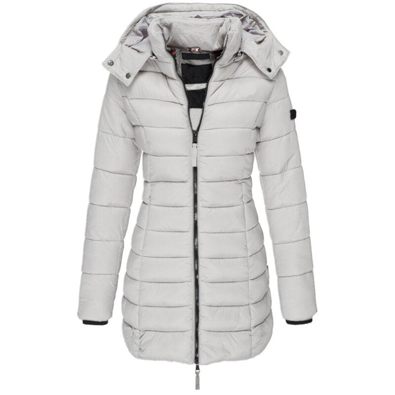 Women's warm hooded winter parka coat, long and fashionable for cold weather. Cozy everyday outerwear.
