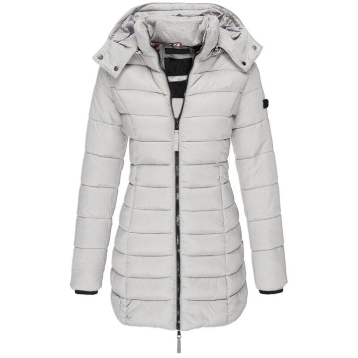 Women's warm hooded winter parka coat, long and fashionable for cold weather. Cozy everyday outerwear.