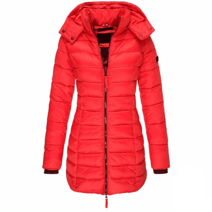 Fashionable women's long winter parka coat, hooded and warm, perfect for winter style & everyday wear.