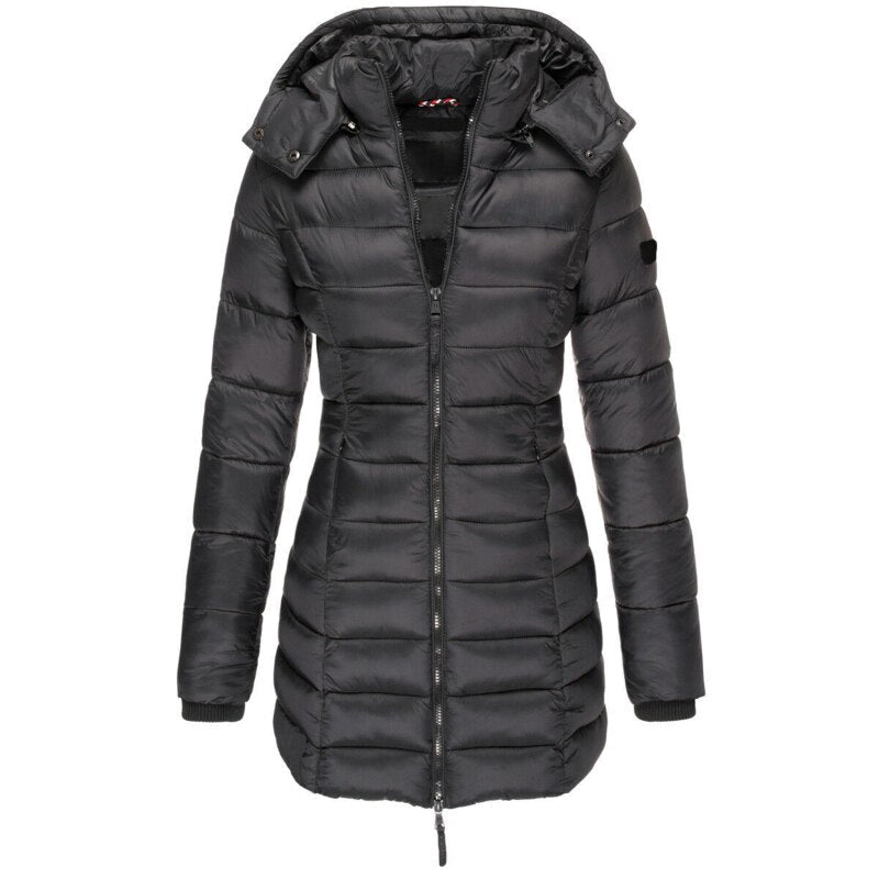 Women's warm hooded parka coat, long winter jacket with faux fur trim, ideal for snowy, cold weather.