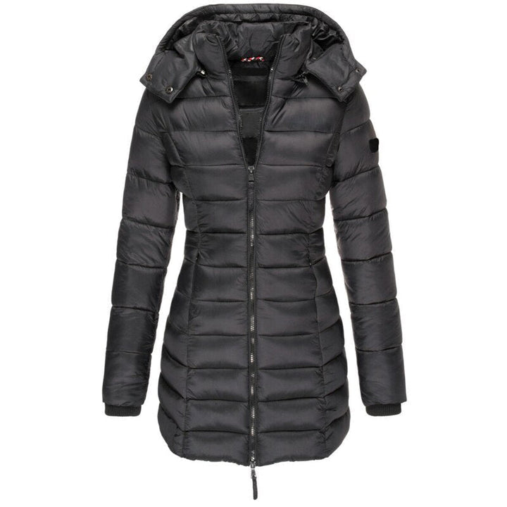 Women's warm hooded parka coat, long winter jacket with faux fur trim, ideal for snowy, cold weather.