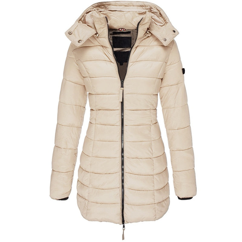 Sleek black women's long winter parka coat, warm hooded jacket, flattering fit for fashionable cold-weather style.