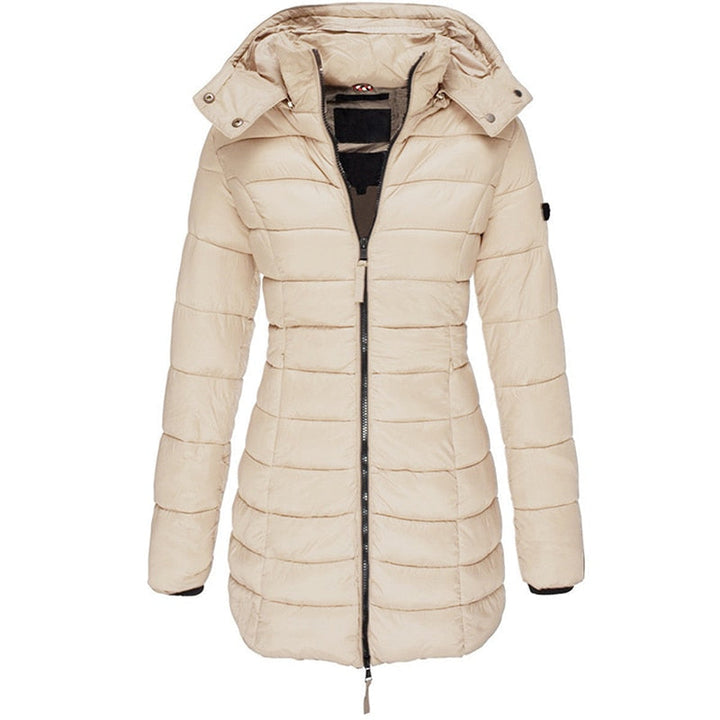 Sleek black women's long winter parka coat, warm hooded jacket, flattering fit for fashionable cold-weather style.