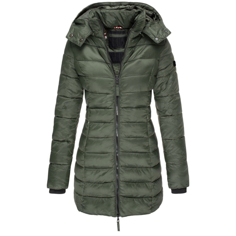 Women's winter parka coat, warm long hooded outerwear with adjustable waist, versatile for cold weather fashion.
