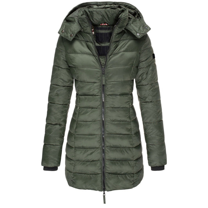 Women's winter parka coat, warm long hooded outerwear with adjustable waist, versatile for cold weather fashion.