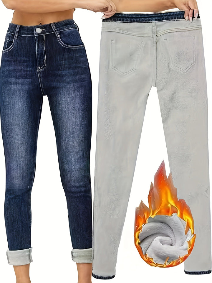 Stylish Selvia women's lined skinny jeans, ideal for winter fashion. Embrace warmth and a sleek, comfy fit.