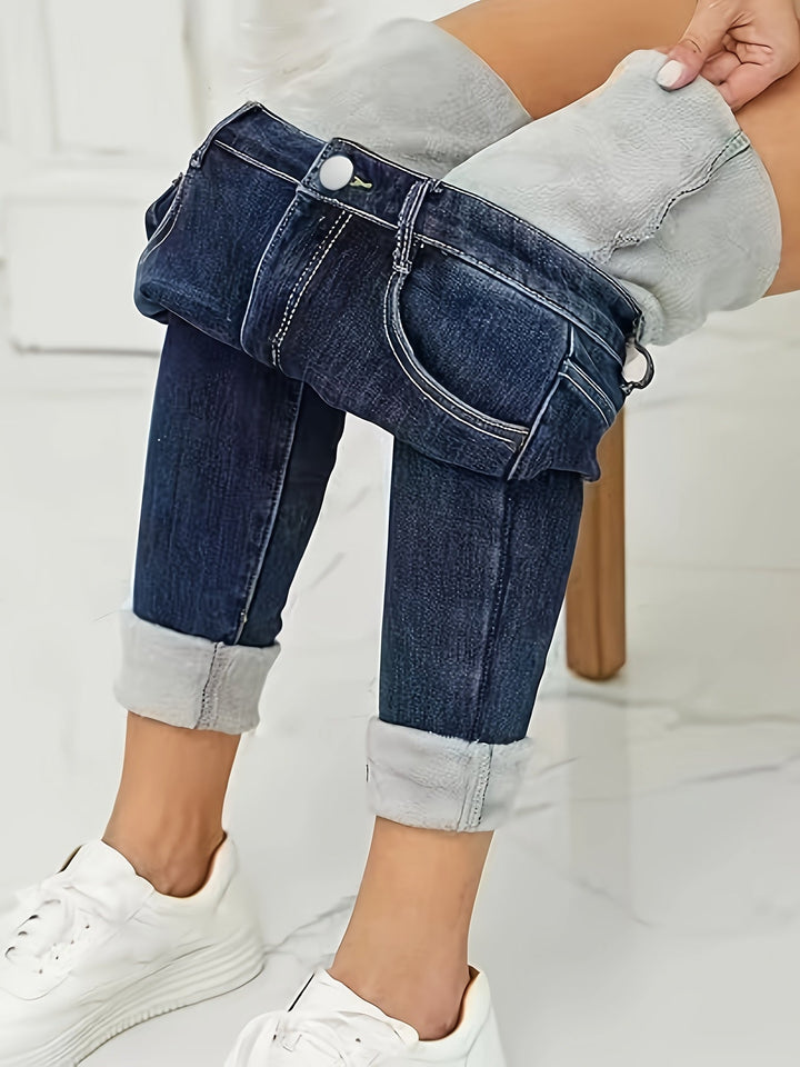 Selvia warm lined skinny jeans for women, high-waisted and perfect for everyday winter fashion and comfort.