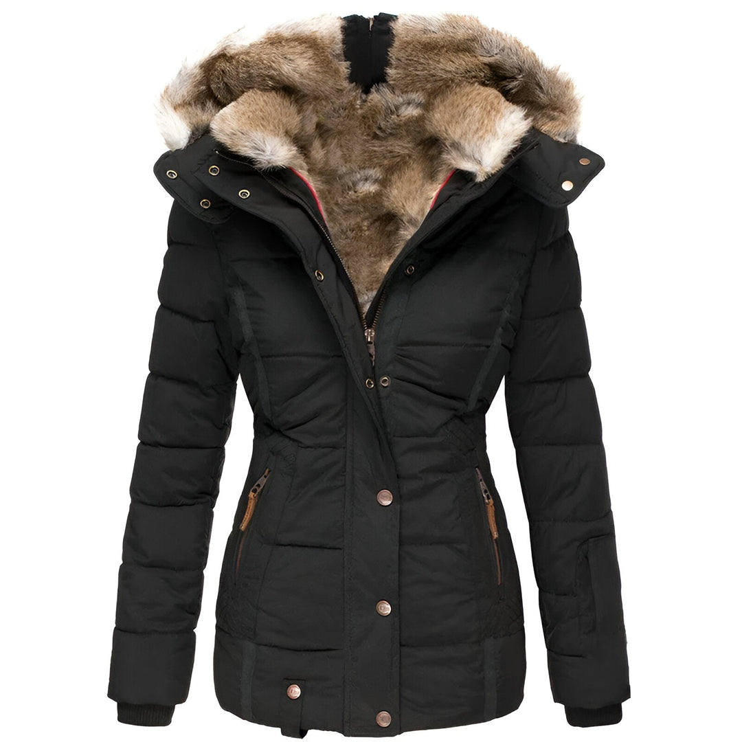 Women's warm quilted hooded puffer jacket, perfect for winter cold weather.