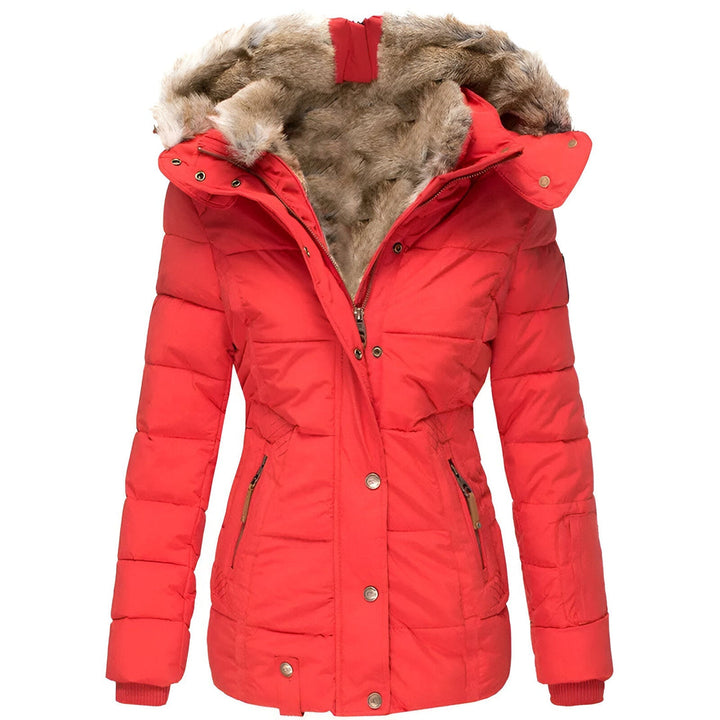 Stylish women's hooded puffer coat, quilted for warmth & winter outerwear protection.