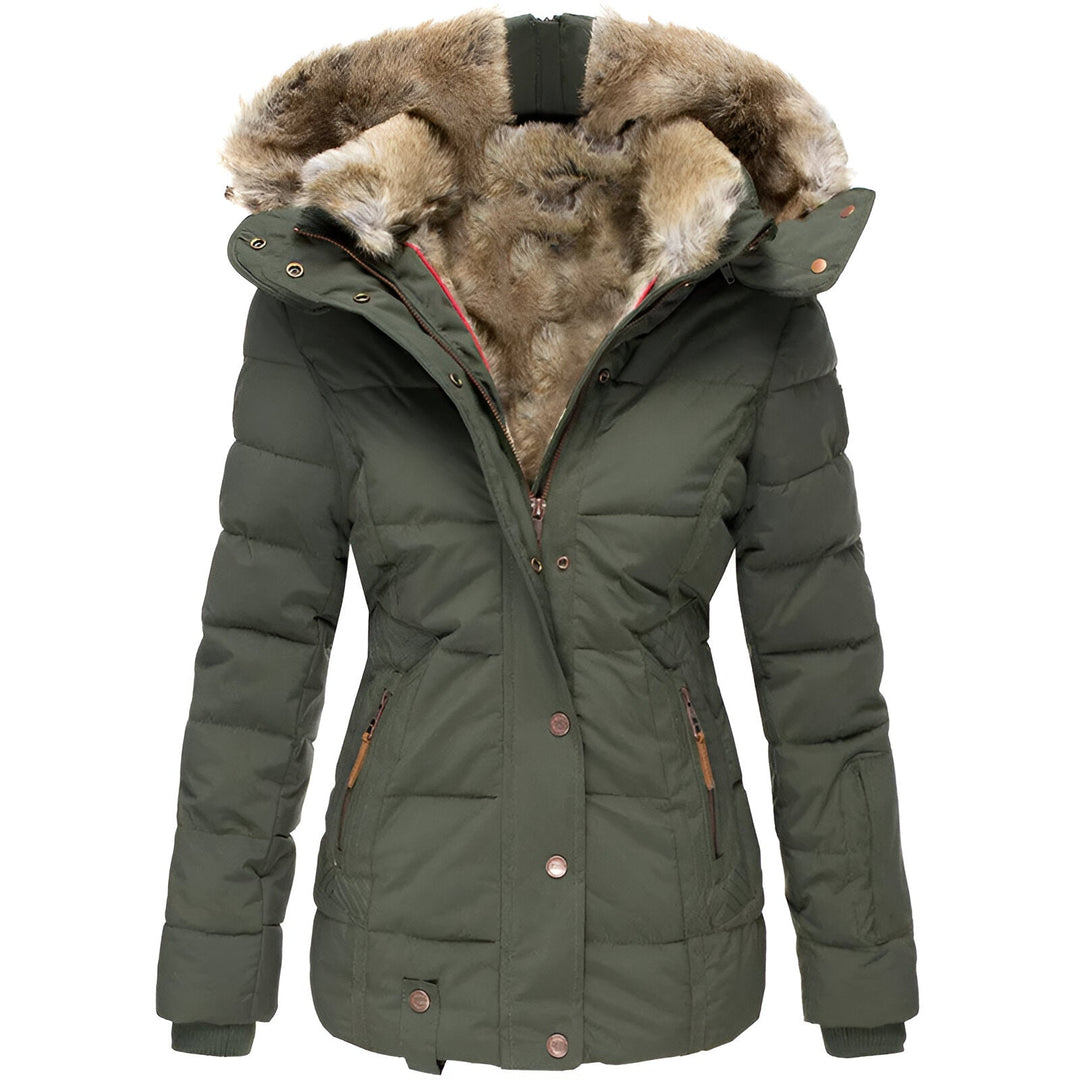 Warm hooded women's puffer jacket with quilted design, ideal for cold weather comfort.