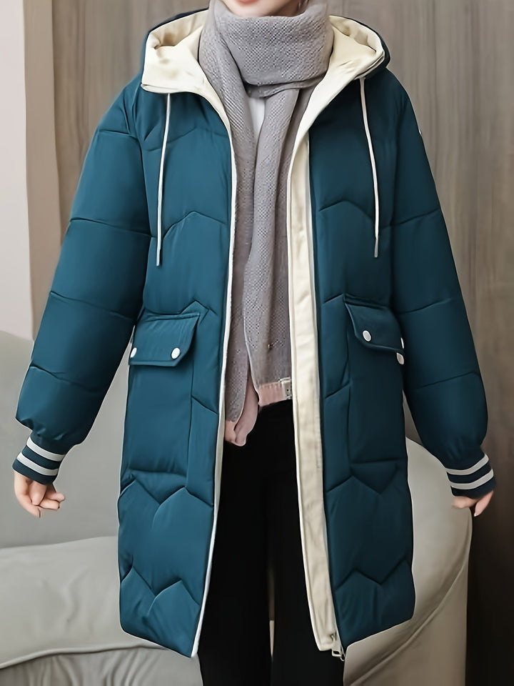 Women's warm quilted hoodie jacket with full zip, perfect for winter outerwear.