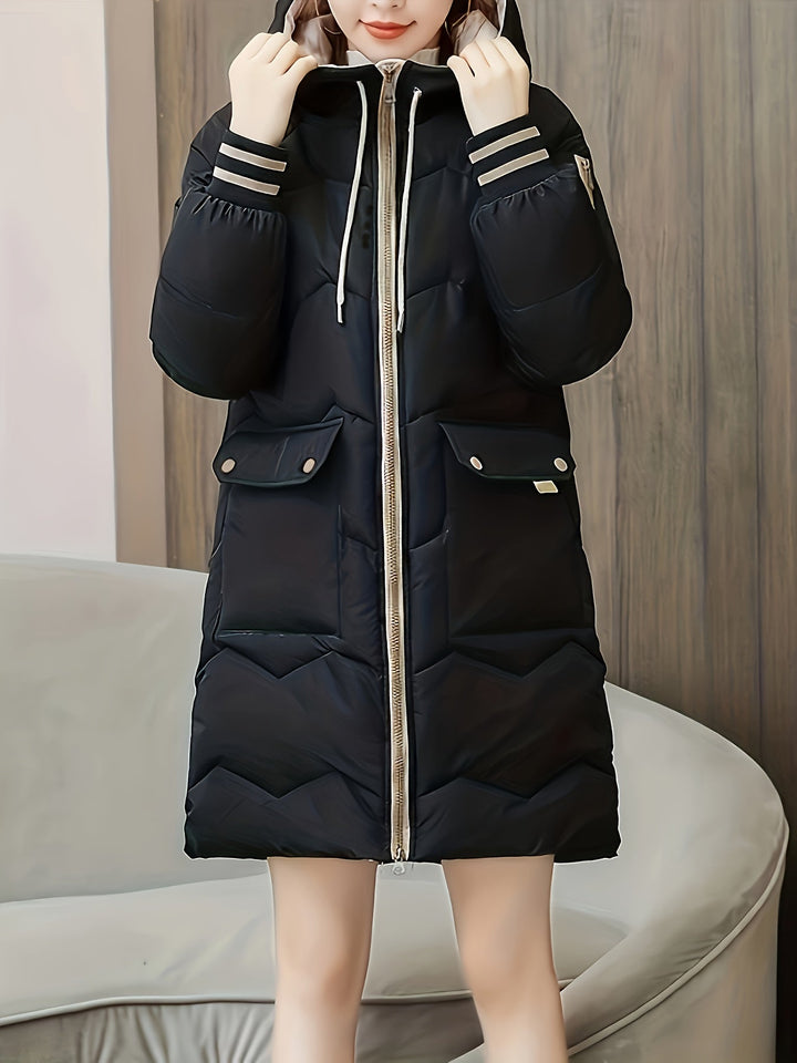 Stylish women's quilted long sleeve hoodie jacket with front zipper, casual wear.
