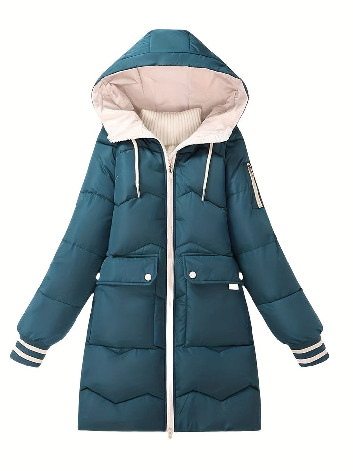 Comfortable women's warm quilted jacket with hood and zipper, perfect for daily wear.