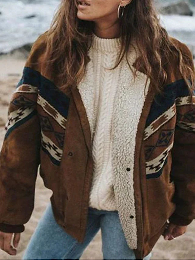 Stylish women's retro plush winter coat, warm and cozy. Ideal vintage fashion outerwear for fall and cold weather.