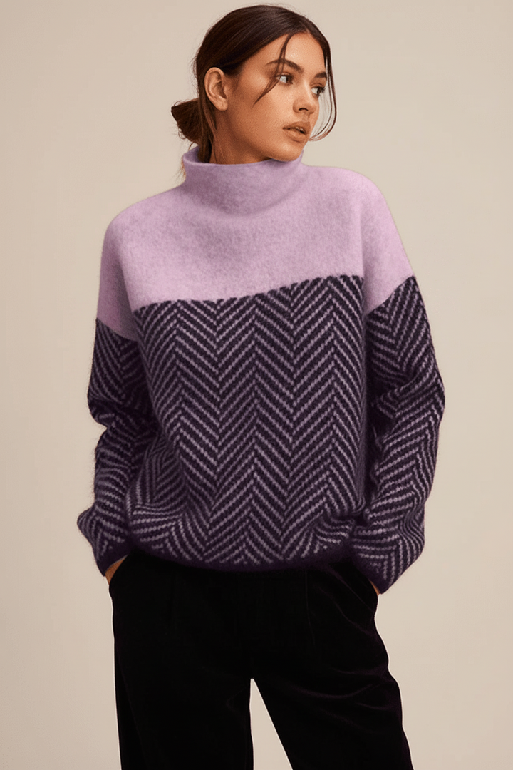 Mackenzie high collar knitted jumper for women, a stylish and warm stand-up collar sweater for cold weather.