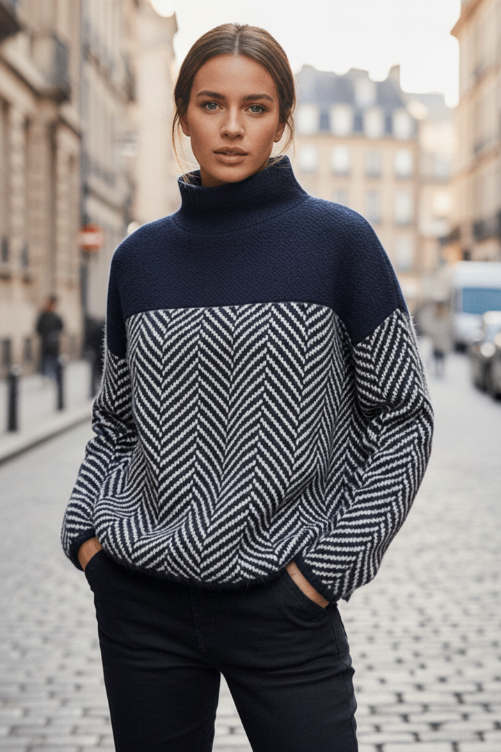 Relaxed fit women's stand-up collar sweater, a versatile knit jumper ideal for casual fall and winter fashion.