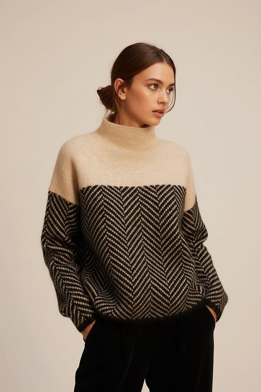 Warm women's knitted sweater with a stand-up collar, offering cozy comfort and style for winter outfits.