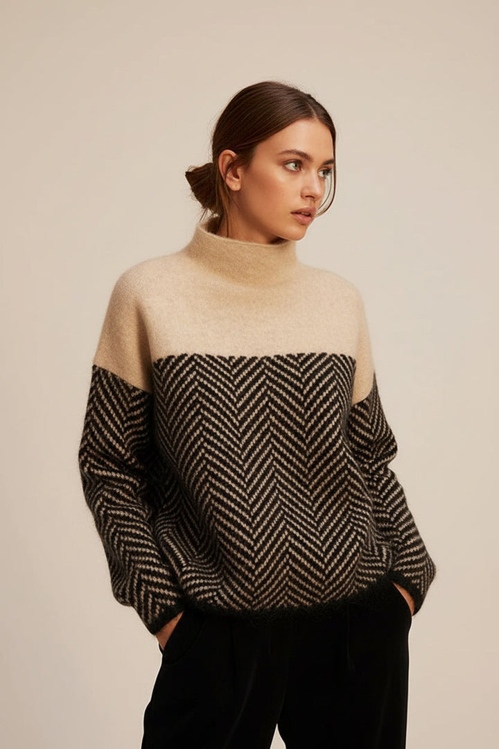 Warm women's knitted sweater with a stand-up collar, offering cozy comfort and style for winter outfits.