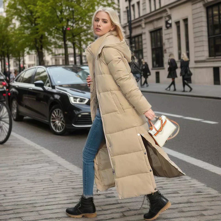 Plush women's long winter coat, providing ultimate warmth and stylish comfort.