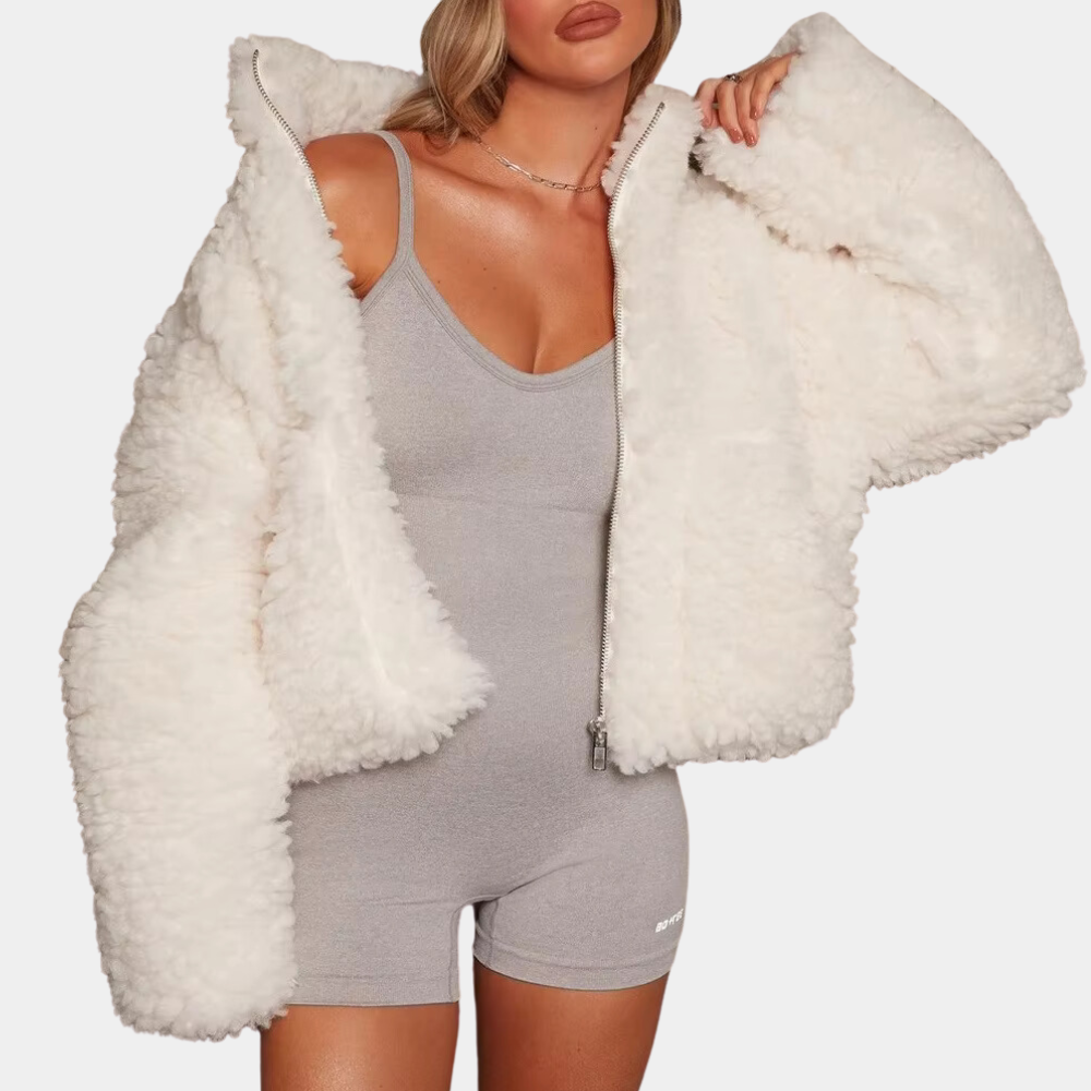 Women's warm velvety winter coat, soft & cozy for cold weather. Elegant long-sleeve outerwear.
