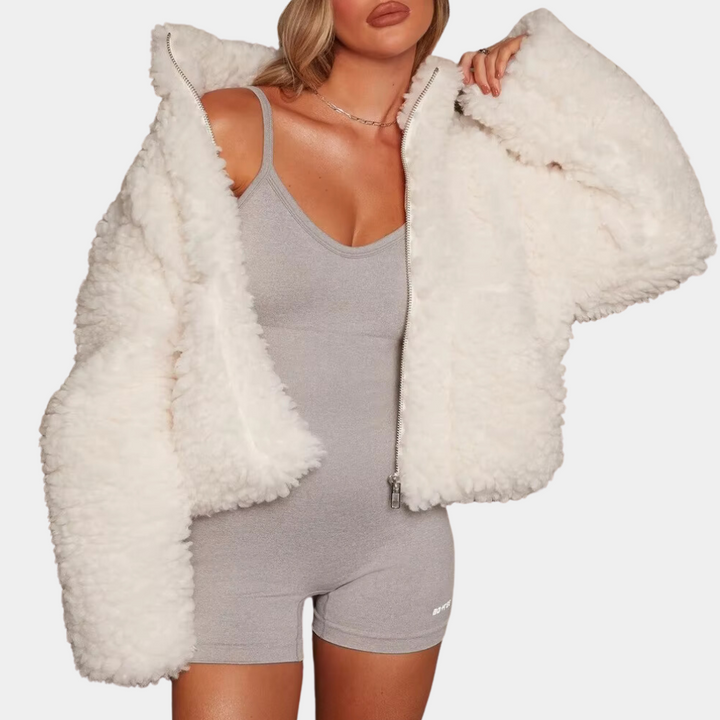 Women's warm velvety winter coat, soft & cozy for cold weather. Elegant long-sleeve outerwear.